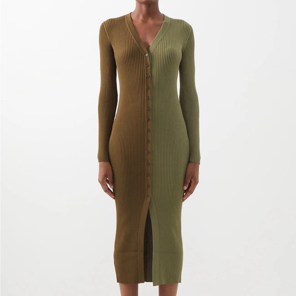 Staud Cardigan Two-tone Ribbed Knit Jersey Midi Dress in Green Size Small